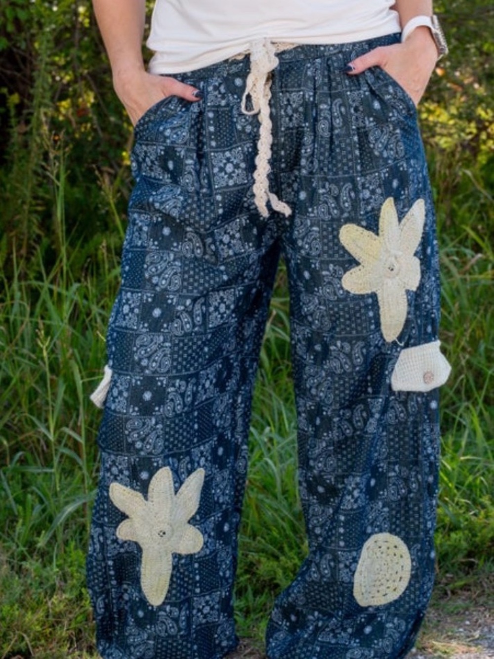 POL Navy Patchwork Bandana Joggers with Cream Appliqués